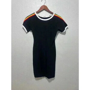 Rainbow sleeve black form fitting small woman’s dress by Heart & Hips